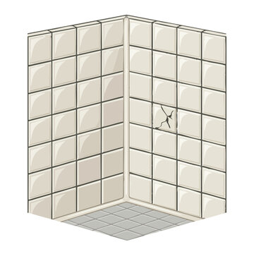 Cracked tile in corner of shower with white walls and floor  