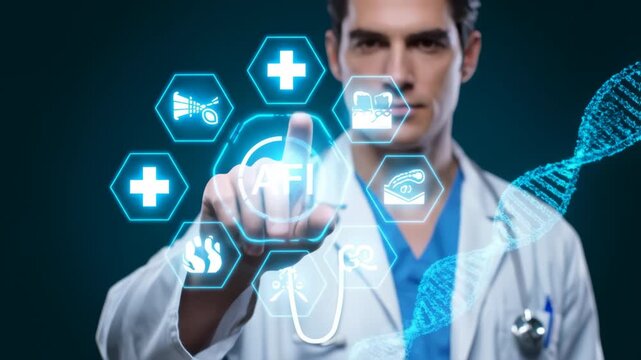 A doctor points to a hexagonal icon labeled AFI with medical symbols.
