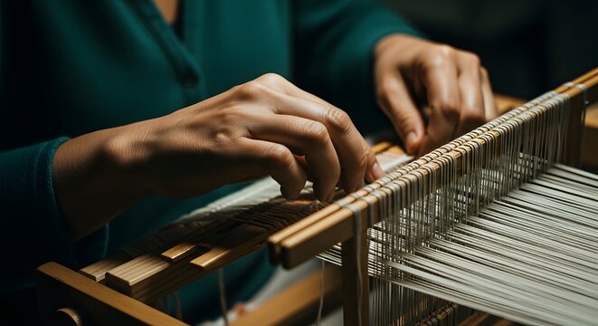 Crafting Fabric on a Traditional Loom with Skilled Hands