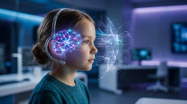 Innovative technology visualization child in a modern workspace digital art futuristic environment closeup view brain-computer interfaces