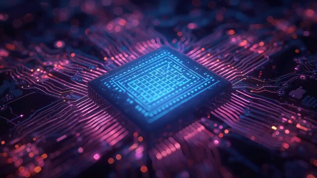 Neon lit microchip printed circuit board with glowing semiconductor traces, glowing motherboard