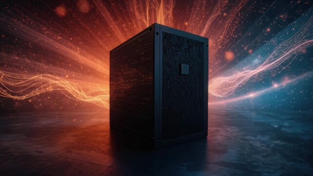 Black server cube emits glowing data stream and digital energy mysterious wooden crate with glowing
