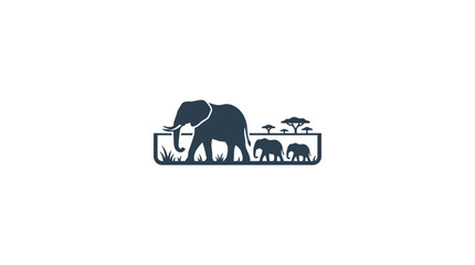 A minimalist silhouette illustration of an elephant family walking through a savanna landscape. © Odette Anya