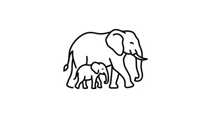 Fototapeta premium A simple black and white line art illustration of a mother elephant walking with her baby calf.