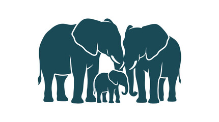 A stylized graphic illustration of an elephant family consisting of two adults and a calf. © Odette Anya