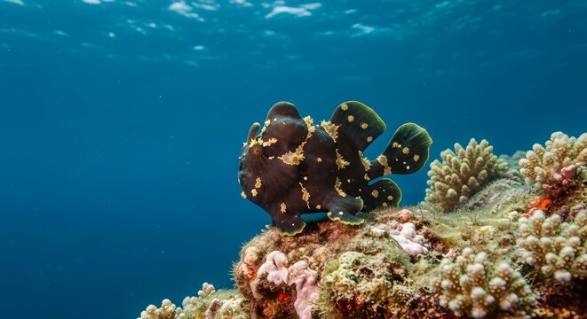 Dark Frogfish Perches on Coral Reef in Blue Ocean