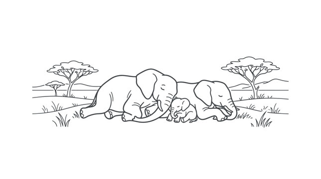 A black and white line art illustration of a mother elephant sleeping with her baby calf.
