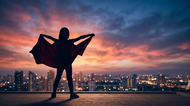 Little girl silhouette embracing adventure at dusk urban cityscape inspirational image evening glow heroic concept