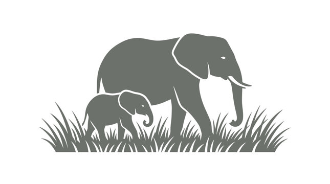 A silhouette illustration of a mother elephant walking with her baby calf in tall grass.