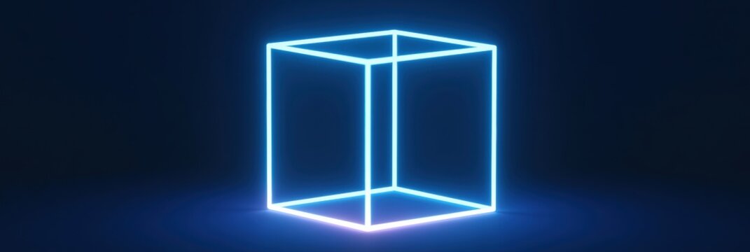 A 3D render shows a hypercube tesseract with glowing edges. It rotates against a deep navy backdrop, revealing its geometric form.