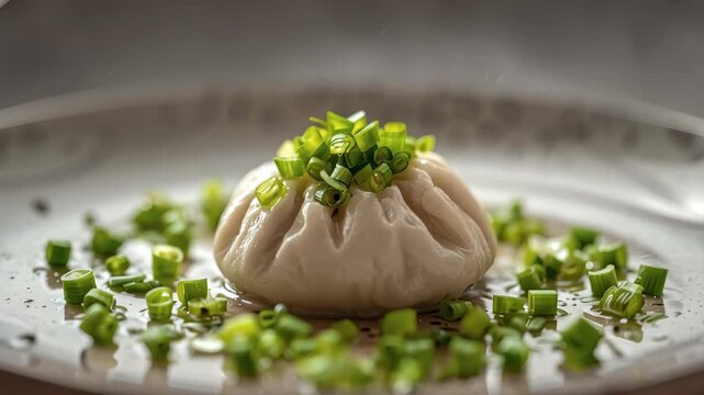 Steamed dumpling close up topped with chopped chive and savory sauce, steamed appetizer with chive