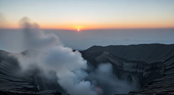 Paysage volcanique spectaculaire au lever du soleil avec des nuages ​​de vapeur et une perspective atmosph&eacute;rique