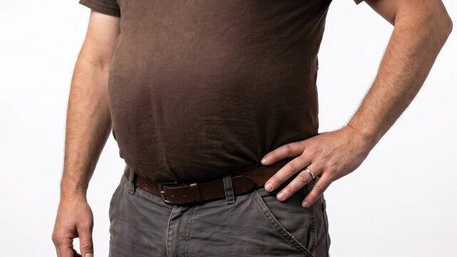 Overweight man male torso big belly obesity weight gain fat body adult brown shirt casual clothing belt waistline abdomen health risk lifestyle studio view hand hip isolated white background obesity