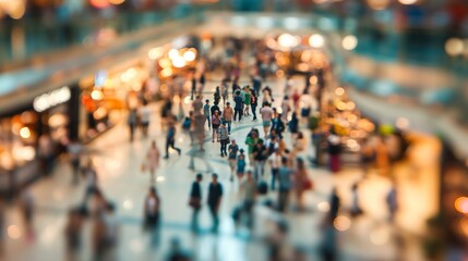 Obraz premium Abstract blurred photo of many people shopping inside department store or modern shopping mall. Urban lifestyle and black Friday shopping, motion, speed, blurred, group, city, modern