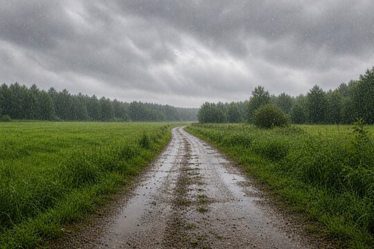 Rainy Rural Road Through Green Countryside
