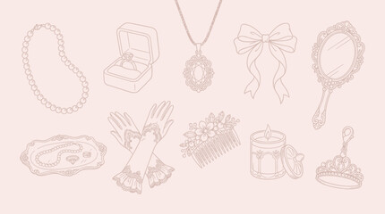 Collection of vintage feminine accessories and jewelry, hand-drawn in a delicate sketch style on a soft pink background. © KN collection