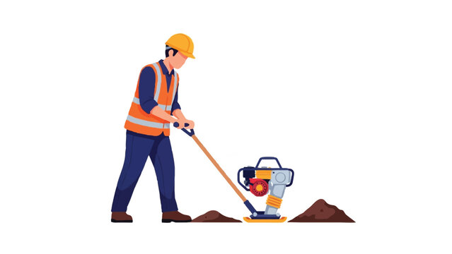 Construction Worker Using Tamping Rammer to Compact Soil, Flat Vector Illustration of a Laborer in Safety Gear Isolated on White
