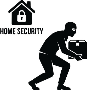 Solid black silhouette of a sneaky thief stealing a delivery box package isolated on white
