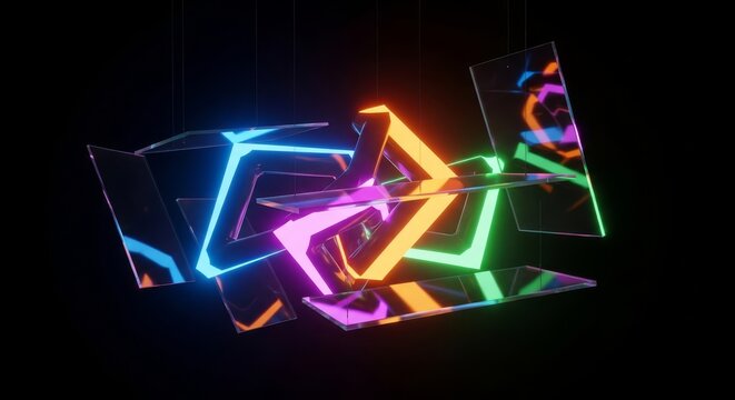 Luminous structures of impossible geometry float within a dark endless vacuum, casting vibrant neon light across translucent glass surfaces, infinite, symmetry, floating
