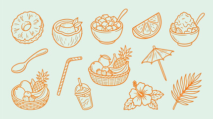 Collection of tropical fruits, desserts, and drinks in a hand-drawn sketch style, perfect for summer themes. © KN collection