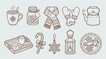 Collection of cozy winter holiday icons including hot drinks, cookies, scarf, mittens, and decorations. © KN collection