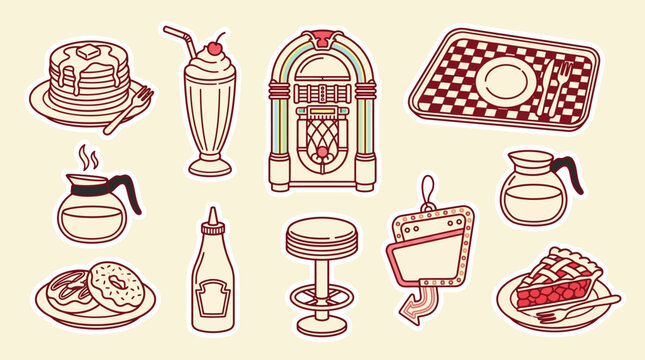 Retro diner icons including pancakes, milkshake, jukebox, pie, and coffee pot.