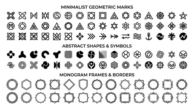 Minimal vector logo element collection, abstract shapes, geometric marks, monogram frames, black on white, no people no animals

