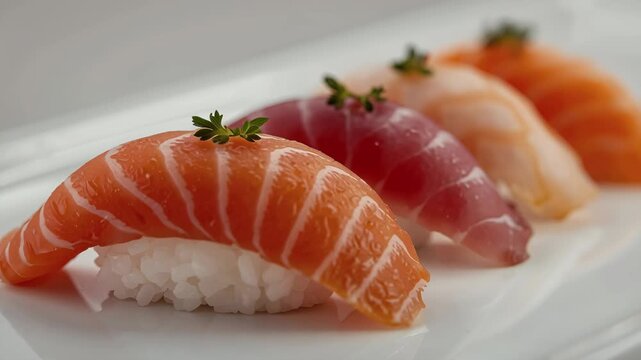 Fresh salmon nigiri sushi rice microgreen sashimi with tuna nigiri herbs garnish elegant appetizing