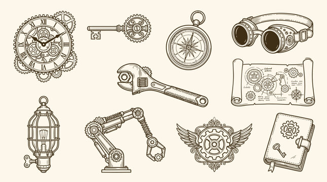 Collection of Steampunk-themed objects including a clock, key, compass, goggles, wrench, blueprint, lamp, robot arm, emblem, and book.