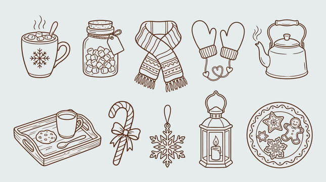 Collection of cozy winter holiday icons including hot drinks, cookies, scarf, mittens, and decorations.