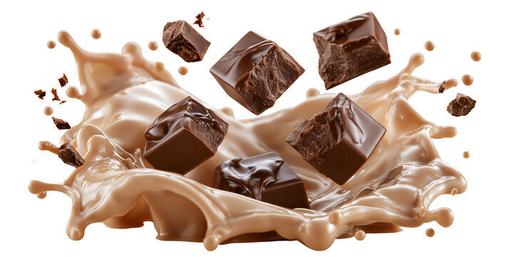 chocolate milk splash with chocolate chunks isolated on white transparent background - design element cut-out object