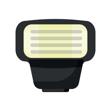 Flat vector illustration of an external camera speedlight flash from the front view. Photography equipment accessory isolated on white background.