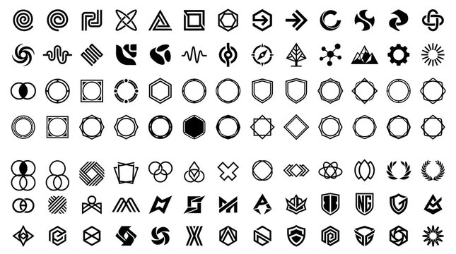 Minimal vector logo element collection, abstract shapes, geometric marks, monogram frames, black on white, no people no animals

