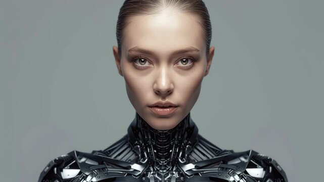 Futuristic female cyborg portrait with metallic neck and shoulder armor android metallic armor