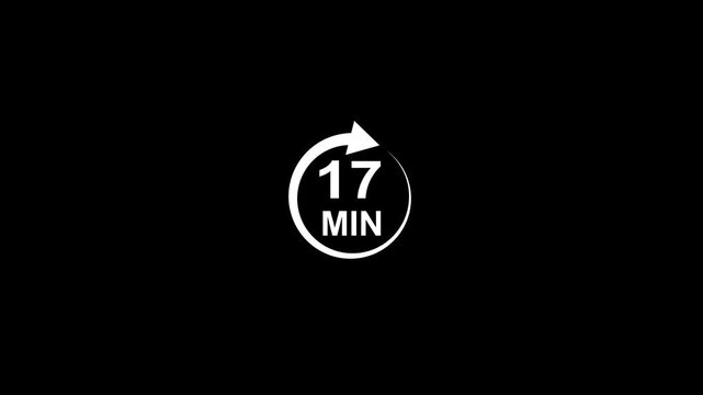 arrow Loop refresh icon and 17 min timer icon animation on black background. Circular arrow timer icon 17 Min animation. 17 Minutes Time Loop animation