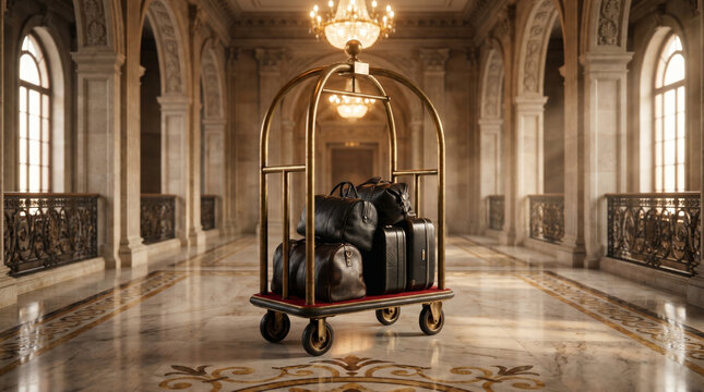 Luxury hotel luggage cart brimming with expensive leather travel bags and suitcases in grand lobby with chandelier and marble floors elegant travel transportation.