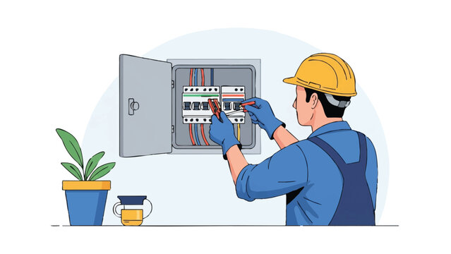 Professional Electrician Technician Repairing Electrical Fuse Box and Circuit Breaker Panel Vector Illustration