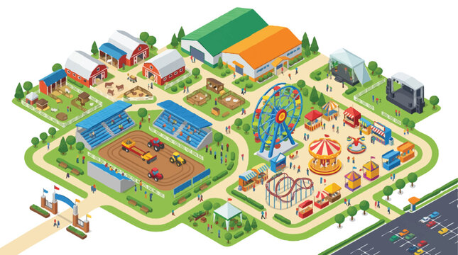 Isometric Agricultural Fair and Carnival Map with Livestock Barns, Amusement Park Rides, Tractor Pull Arena, and Concert Stages