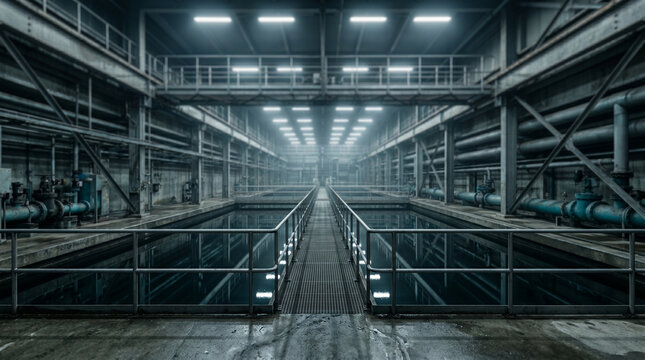 elevated walkway over industrial water tanks, steel railings and pipes, high angle view of sterile processing facility with reflective water, modern infrastructure.