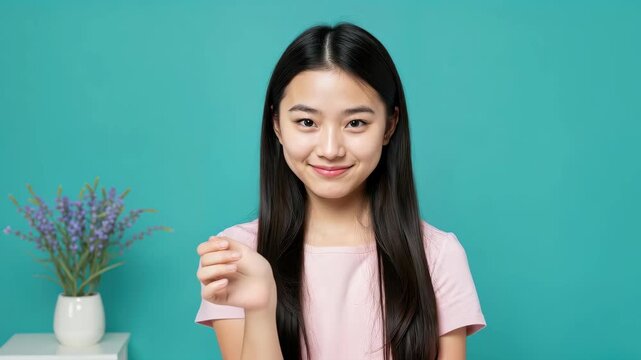 Youthful Radiance: A young Asian woman with long, dark hair and a gentle smile poses confidently against a vibrant teal backdrop.