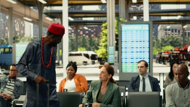 Diverse passengers accidentally bumping into each other in crowded bus stop during rush hour travel. Fast-paced human flow with travelers rushing through busy intercity coach station.