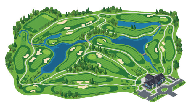Isometric Golf Course Map Illustration with Clubhouse, Fairways, and Water Hazards