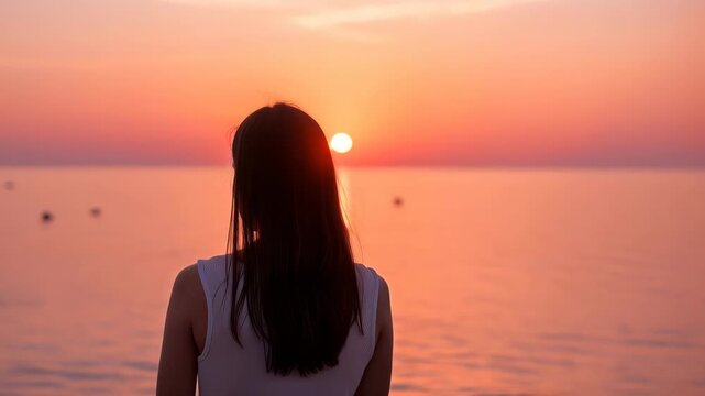 Serene Sunset Reflection: A solitary woman gazes out at the tranquil ocean as the sun dips below the horizon, casting a warm, ethereal glow across the water.