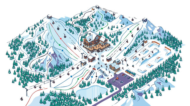 Isometric Ski Resort Map Illustration with Mountain Trails, Ski Lifts, and Lodge