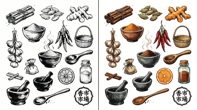 A collection of spices and herbs, including cinnamon, garlic, ginger, chili peppers, and more, presented in both color and black and white.