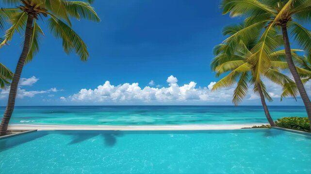 Tropical infinity pool with palm tree framing turquoise ocean and bright sky beach view