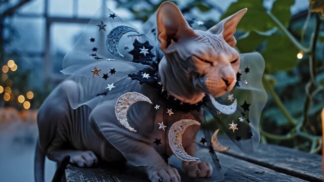 Hairless sphynx cat with wrinkled skin wearing moon and star tulle cape, animals in costume halloween scene on wooden bench beside candlelight and greenhouse leaves, cinematic blue twilight mood