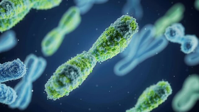 Chromosomal Abundance: A detailed 3D render showcases a multitude of chromosomes in various shades of green and blue, floating against a dark, textured background.