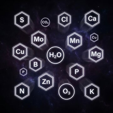 Scientific illustration of chemical elements and compounds on transparent background
