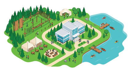 Fototapeta premium Isometric Outdoor Adventure Resort and Corporate Retreat Center Illustration with Ropes Course, Glamping Tents, and Lake Activities